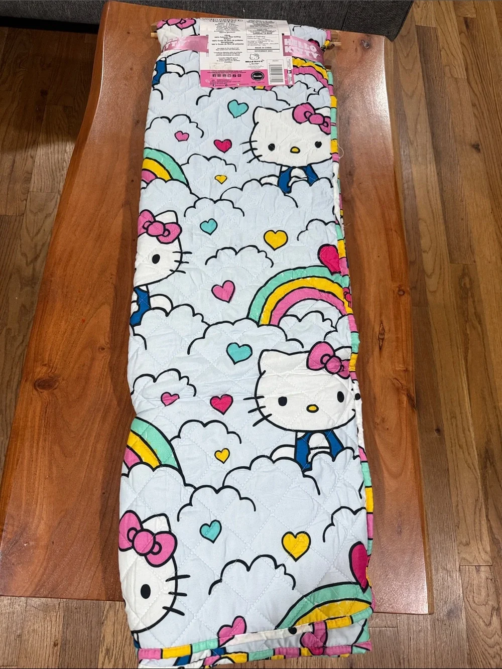 Hello Kitty Kids Twin Quilted Blankets - White with Rainbow Hearts